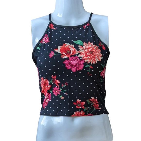 Floral Tank Top with polka dots Black and Pink spaghetti strap Crop Size Medium - Picture 10 of 10